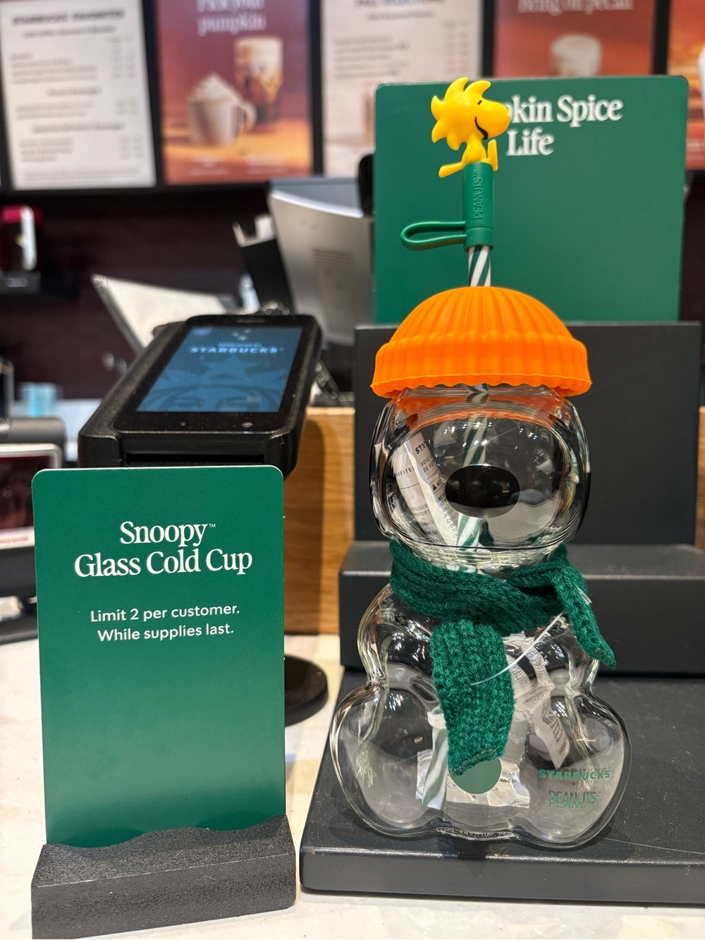 Starbucks Snoopy Glass Cup with Orange Hat and Green Scarf Accent
